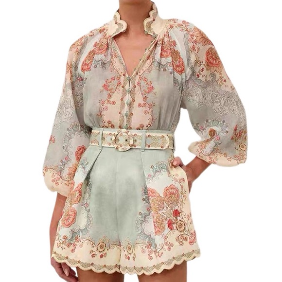 Dresses & Skirts - Designer-style Daylight Blouse and Shorts Set - Light Blue and Cream